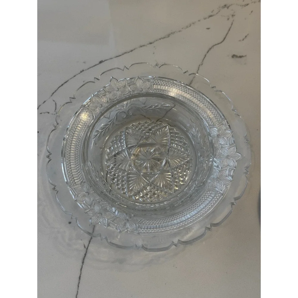 Vintage Clear Federal‎ Glass Round Butter Dish with Floral Scalloped Rim & Dome